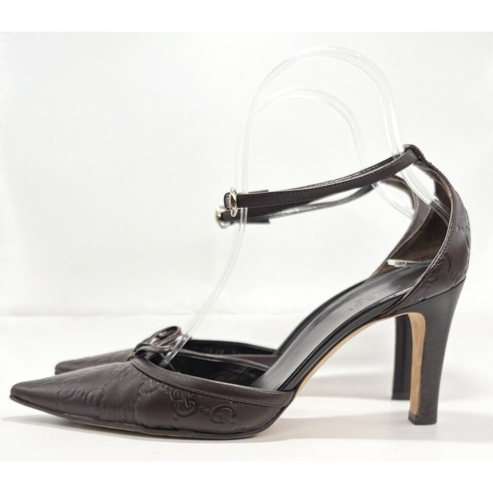 Gucci Brown Leather Guccissima GG Monogram Heels w/ Bow Accent Y2K Sz EU 36C 6 - Picture 6 of 14